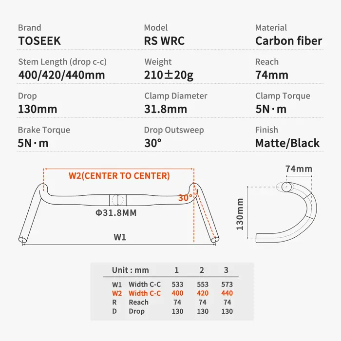 TOSEEK guidon de gravier en carbone barre de chute extérieure