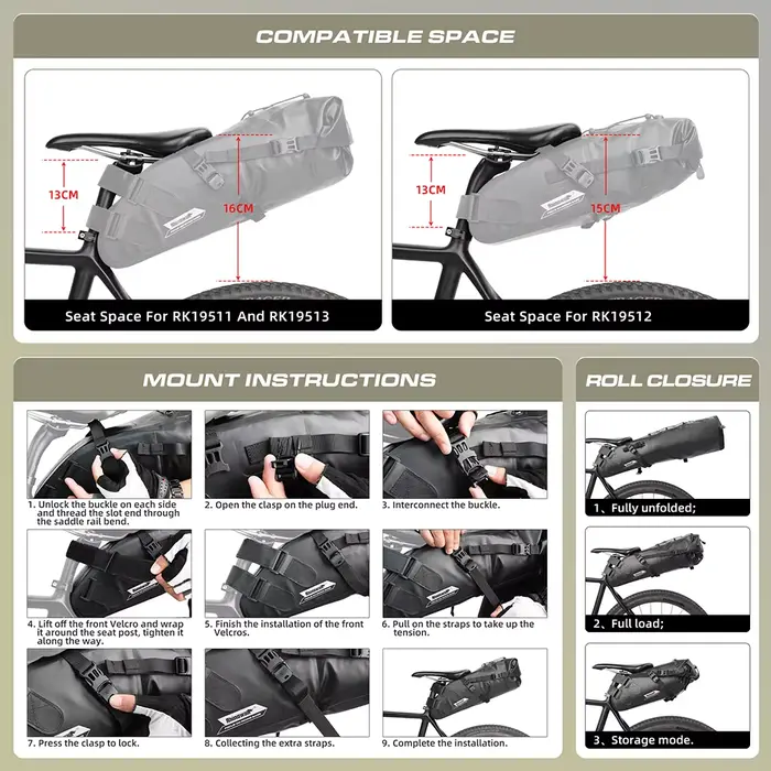 Rhinowalk sac de selle de vélo étanche 5L-13L grande capacité pliable sac arrière arrière réfléchiss