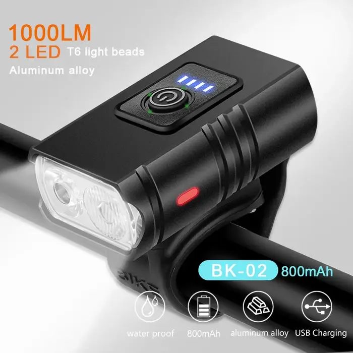 Lampe de poche LED aste USB pour vélo, éclairage avant de vélo, lampe de sauna de vélo, lampe VTT, 6 modes, BK02, T6