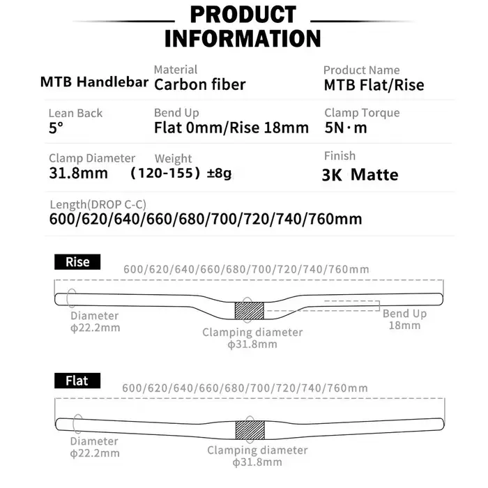 Guidon de vélo vtt en carbone mat, sans logo, hauteur plate, 31.8x600-760mm, pièces de cyclisme