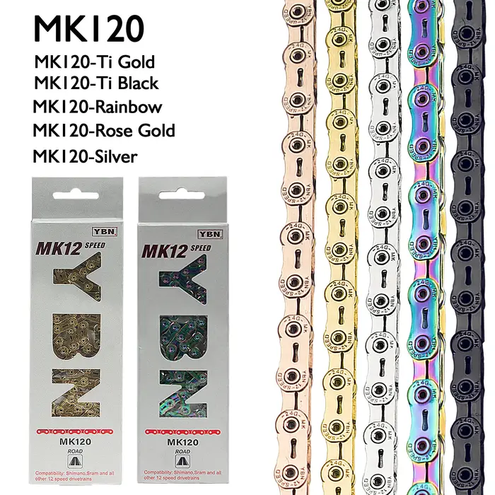 YBN – chaîne de vélo de route ultralégère MK120, 12 vitesses, 126 maillons, huile creuse, revêtement en titane pour Shimano DA Sram rouge
