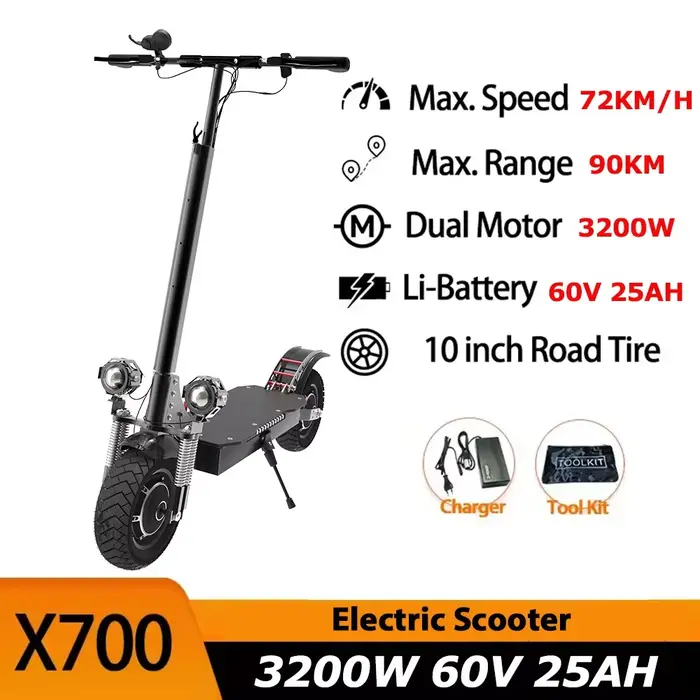 Trottinette électrique avec batterie Li-ion 20AH, moteur double 3200W, pneus tout-terrain de 10 pouces, patinete eléctrico, vitesse de 80 km/h