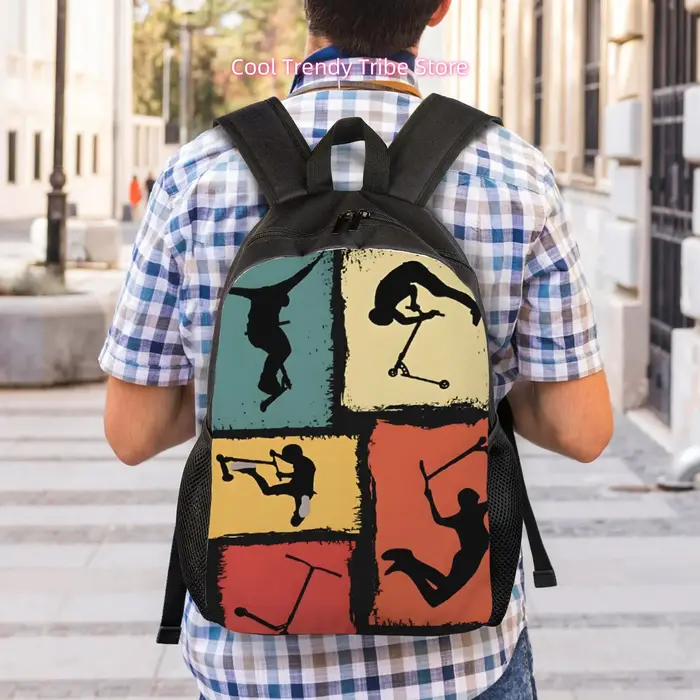 Trucs quotidiens pour une trottinette freestyle, accompagnés d'un sac à dos décontracté au design plat et élégant, parfait pour Stro