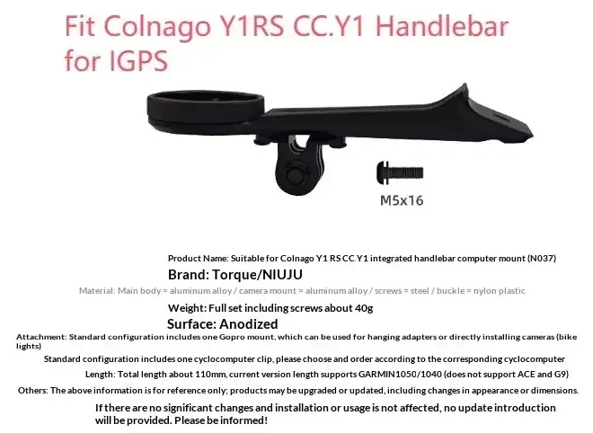 Support de compteur de vélo en aluminium CNC pour Colnago Y1RS CC.Y1, guidon intégré pour GOPRO Garm