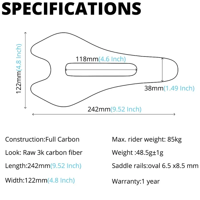 Selle de vélo ULLICYC entièrement en carbone 48g 3K Raw Matte 242x122mm 7x9mm Rail ovale