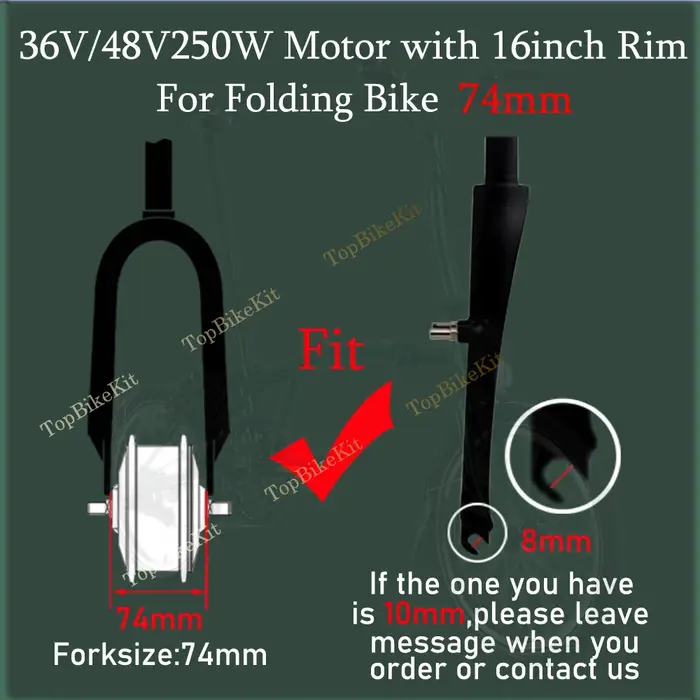 Moteur de moyeu avant 74 mm TBK-74AD 36V/48V 250W à 28 trous pour vélo électrique pliant 16 pouces