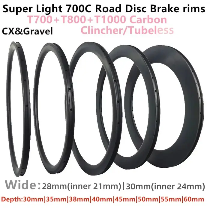 Jantes de vélo de route en carbone 700C T800+T1000 UD Mat 30mm 35mm 40mm 45mm 50mm 55mm 60mm pour Gr