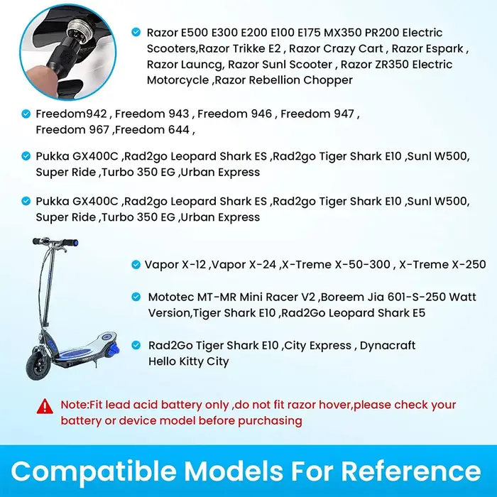 Chargeur 24V pour Razor E200 E200S E175 E300 E300S E125 E150 E500 E500S PR200 E225S E325S MX350 MX400 ZR350 Pocket Mod