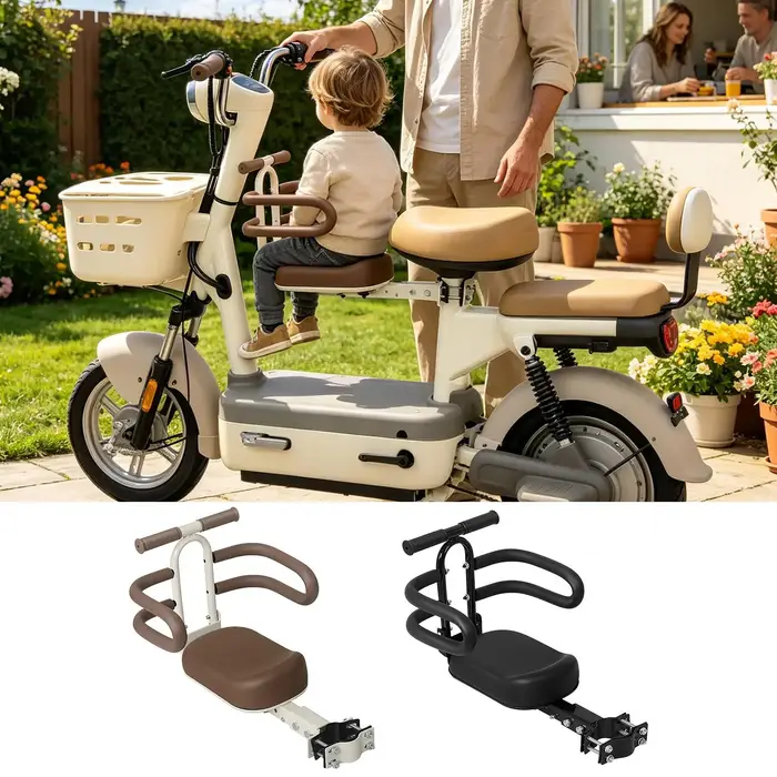 Siège tandem pour vélo adulte et scooter électrique, siège avant pliable pour enfant avec garde-corps pour vélo électrique