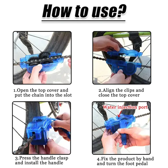 Nettoyeur de chaîne de vélo 3D avec brosses de lavage pour entretien VTT et cyclisme en couleurs bleu marine vert jaune blanc