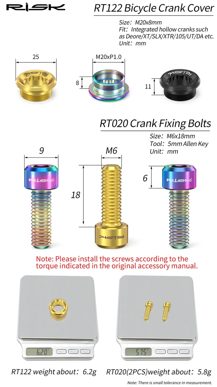 Risque M20X8mm titane pédalier fixation boulon vis VTT intégré creux pédalier anneau de chaîne BB manivelle bras couvercle boulon