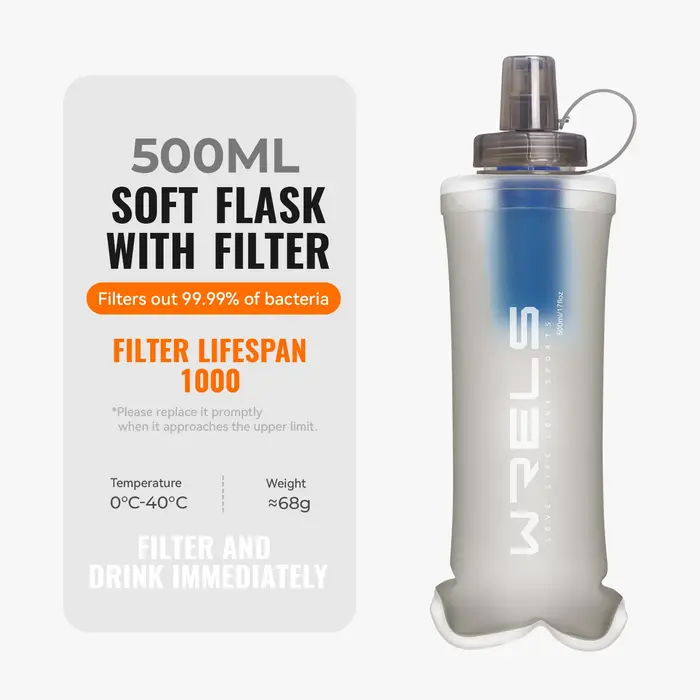 Bouteille d'eau filtrante pliable ultralégère WRELS, gourde souple compressible pour gilets d'hydrat