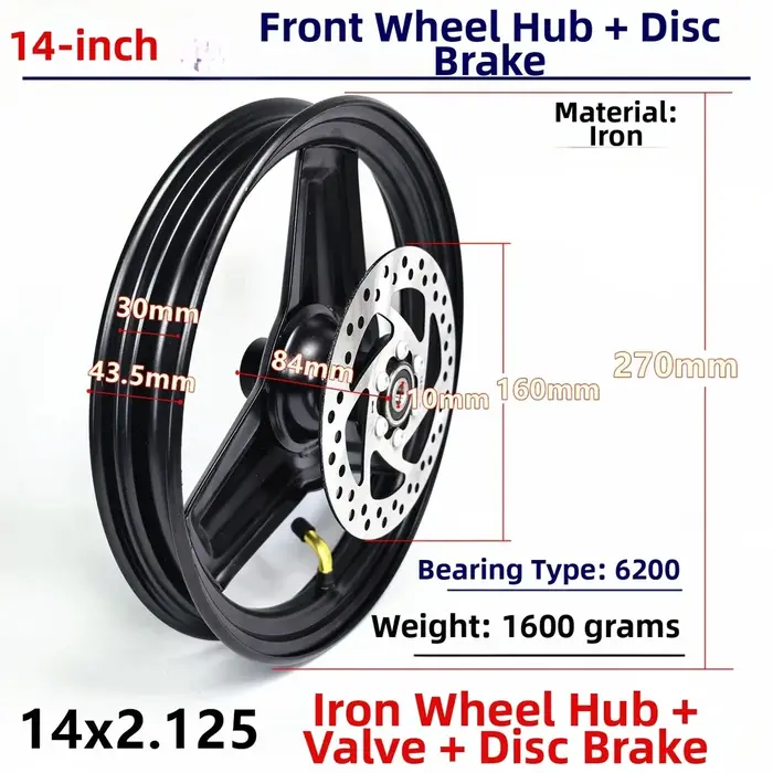 Roue avant de trottinette électrique pliable de 14 pouces, pneu solide sous vide 14x2.125, moyeu en fer, ensemble de roue pour trottinette électrique, pièces de rechange