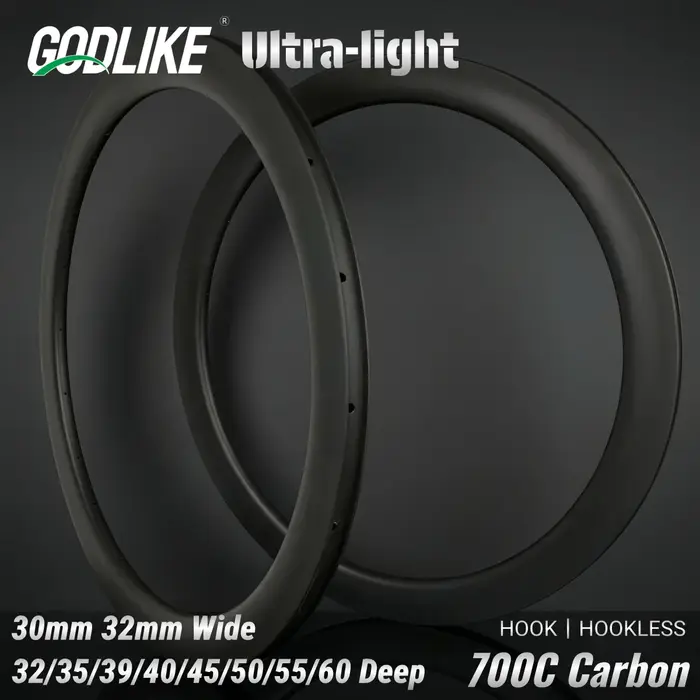 Roue de vélo de route 700c, jante asymétrique en carbone 30/32mm de large, tubeless, clincher, hookl