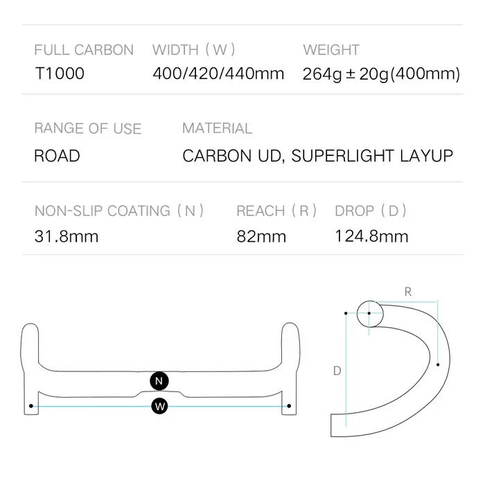 Guidon de vélo de route entièrement en carbone