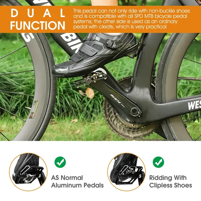 Pédales de vélo 2 en 1 double fonction Plat et SPD sans clip en alliage d'aluminium blanc pour VTT et route