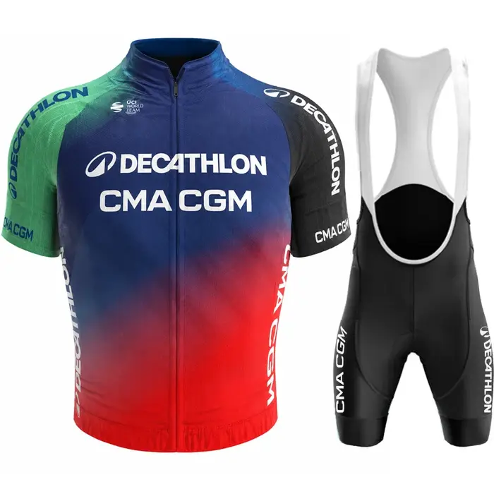 Ensemble de cyclisme d'été Decathlon pour hommes : maillot à manches courtes respirant, cuissard rembourré léger, vêtements de sport de course.