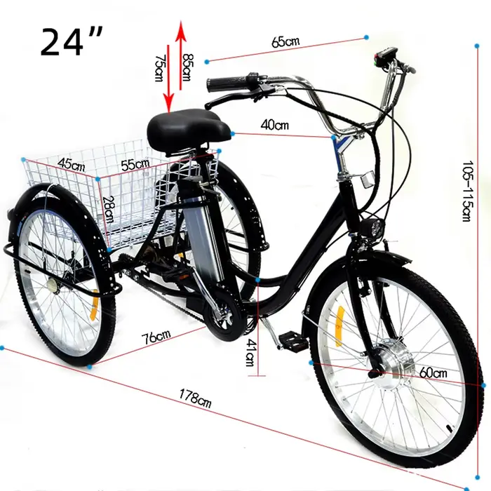 24 pouces 3 roues Tricycle électrique Cargo vélo adulte Senior avec panier arrière 350W famille