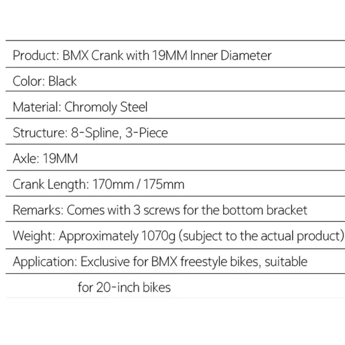 Pédalier BMX 8T * 19mm * 170/175mm
