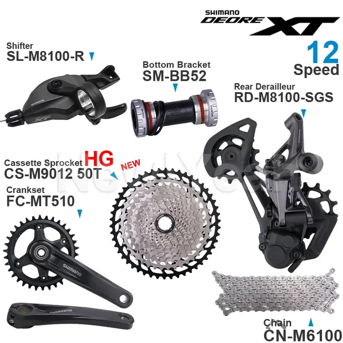 Groupe de transmission SHIMANO DEORE XT M8100 12 vitesses SL-M8100 RD-M8100 FC-MT510 et cassette pig