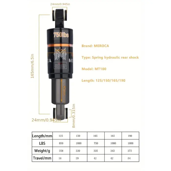 Amortisseur arrière de vélo 125 150 165 190mm ressort à huile pour VTT vtt vtt Scooter électrique Suspension