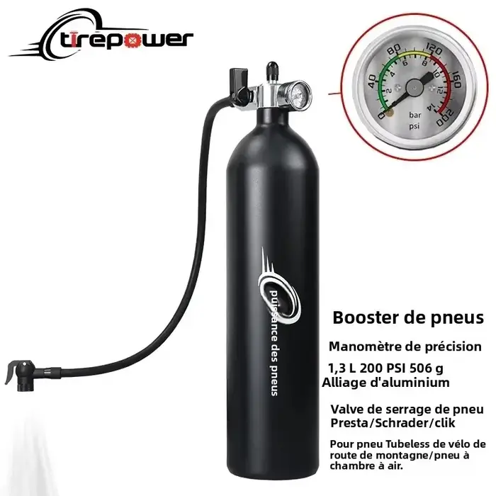 Pompe à vélo 1,3 L pour pneus tubeless/tubelessless, pression max. 200 PSI, compatible avec les valves Presta et Schrader pour vélos de route et VTT