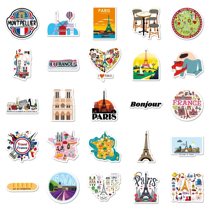 50 autocollants mignons de voyage France Paris, esthétiques, avec la Tour Eiffel et paysages, pour moto, bagages, guitare, jouet pour enfant