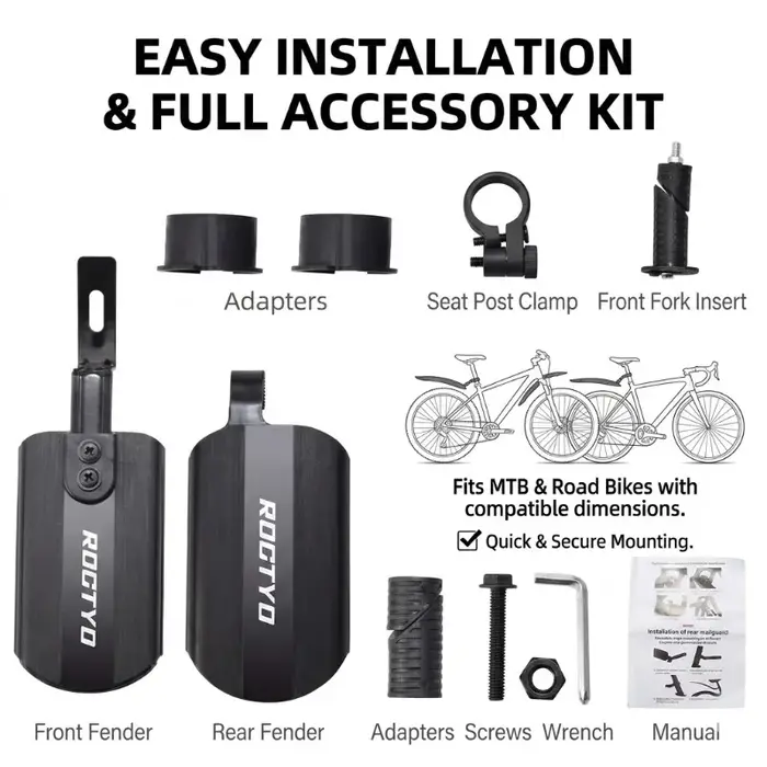 Ensemble de garde-boue pour vélo, réglables, avant et arrière, couverture complète, pliables, rétractables, imperméables, protection contre les éclaboussures pour VTT et vélo de route
