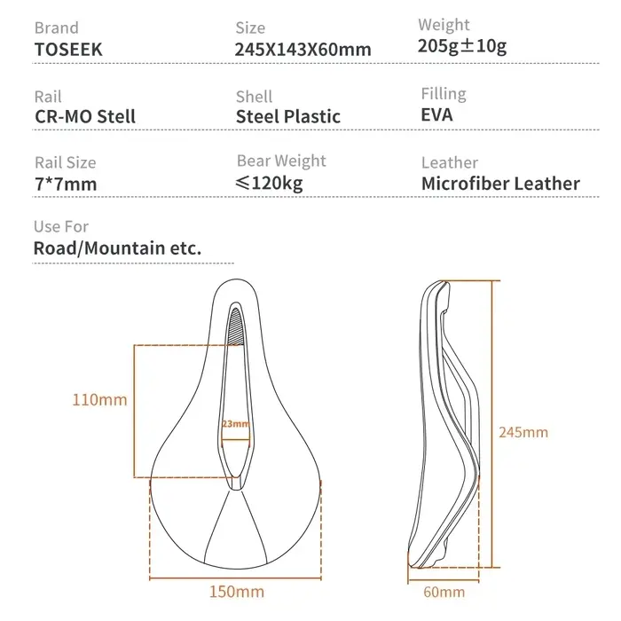 Selle de vélo VTT TOSEEK TS60 confortable avec rembourrage EVA et cuir microfibre pour homme sport urbain et montagne