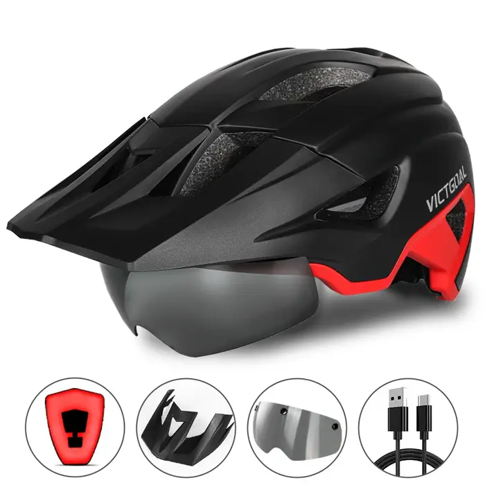 VICTGOAL casque de vélo avec lunettes de soleil visière feu arrière LED