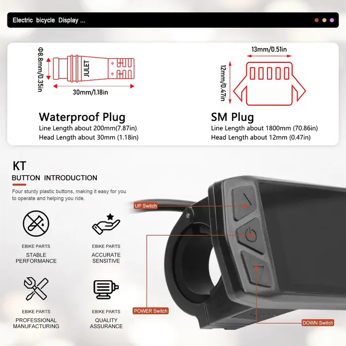 Afficheur pour vélo électrique ebike KT-TF01U 24V36V48V SM/prise étanche (avec USB) compatible avec le contrôleur KT