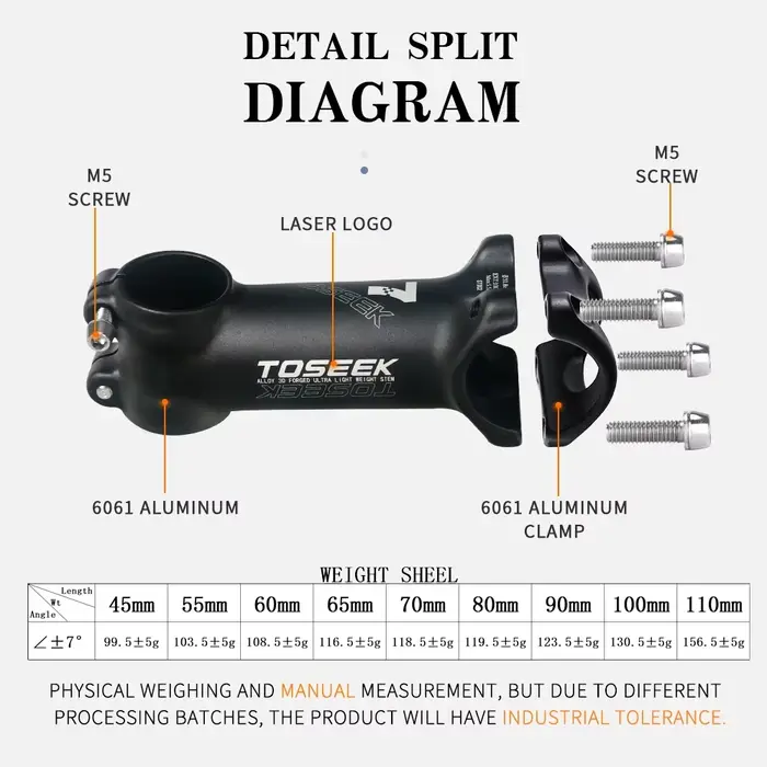 TOSEEK tige de vélo en aluminium ultralégère 7 degrés tige de VTT vtt 31.8x45/55/60/65/70/80/90/100/