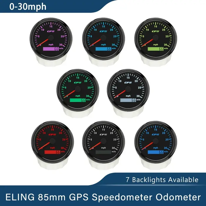 ELING-Compteur de vitesse GPS avec rétroéclairage 7 couleurs, 85mm, 0-30 km/h, 200 km/h, 0-80mph, 120mph, 160mph, odomcirculation, pour voiture, bateau, moto