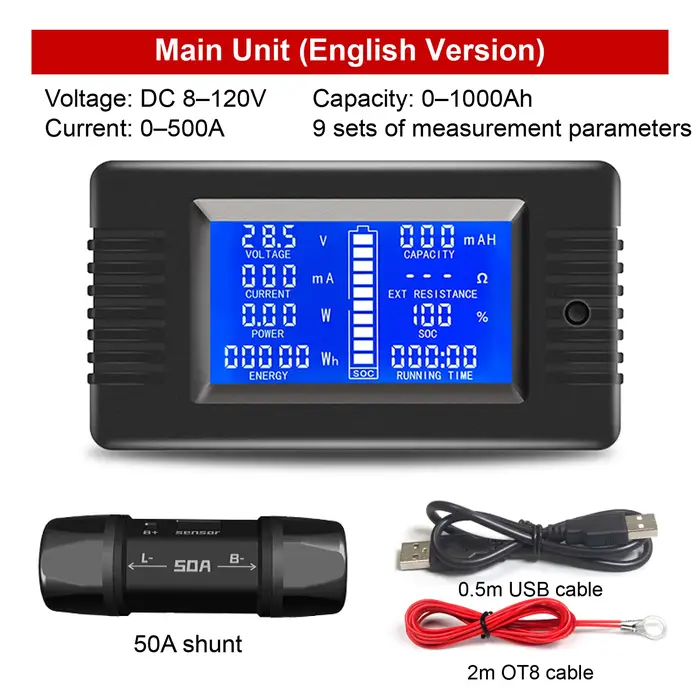 Compteur Coulomb Batterie PZEM 8-120VDC Voltmètre Ampèremètre Wattmètre Énergie Écran LCD STN 9 Donn