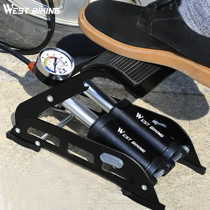 Pompe à pied haute pression WEST BIKING à double cylindre 170 PSI avec manomètre pour moto et vélo
