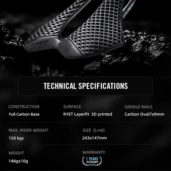 Selle de vélo de route RYET en fibre de carbone imprimée en 3D ultra-légère 148g pour cyclisme haute performance et confort d'élite