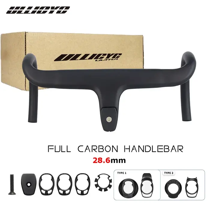 Guidon intégré pour vélo de route entièrement en carbone, sans logo, avec câblage interne et entretoises incluses. Diamètre de serrage de 28,6 mm, -10 ° Inclinaison