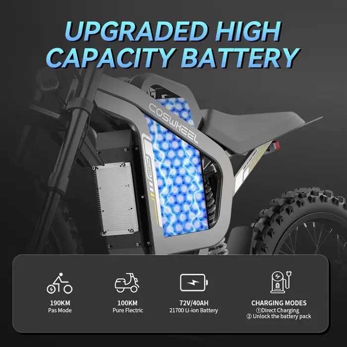 Readygo COSWHEEL R19 Moto électrique tout-terrain 6000W Haute puissance Batterie 72V40Ah Adulte 85km/h Vélo