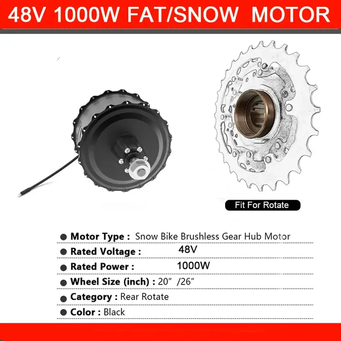 Kit de conversion de vélo électrique Fat Bike 48V 1000W avec moteur arrière sans balais et pneus 4.0 pouces (20/26