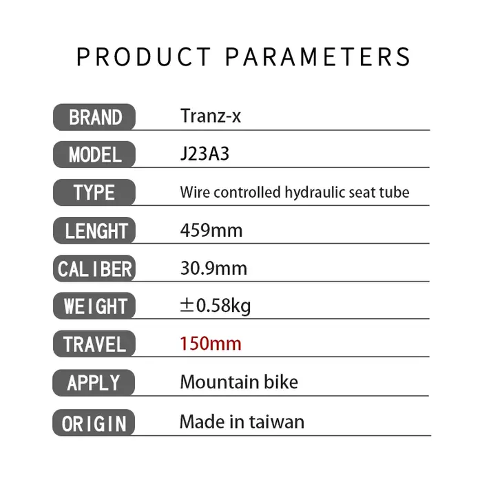 Tranz-x tige de selle compte-gouttes routage de câble interne 30.9mm levage hydraulique 150mm voyage