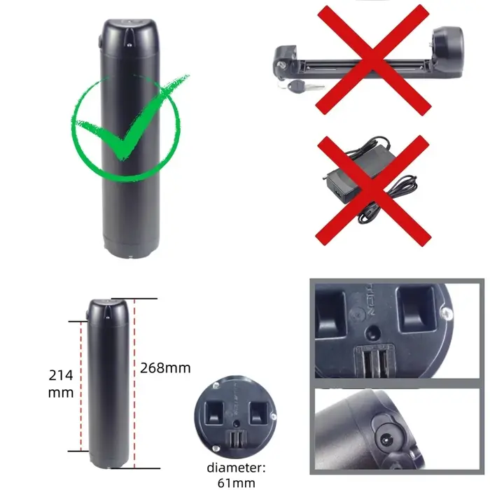 Reention bouteille d'eau Ebike batterie Tube vers le bas batterie 24V 7.8ah 8.7ah 9.6ah 10.5ah 36V 7