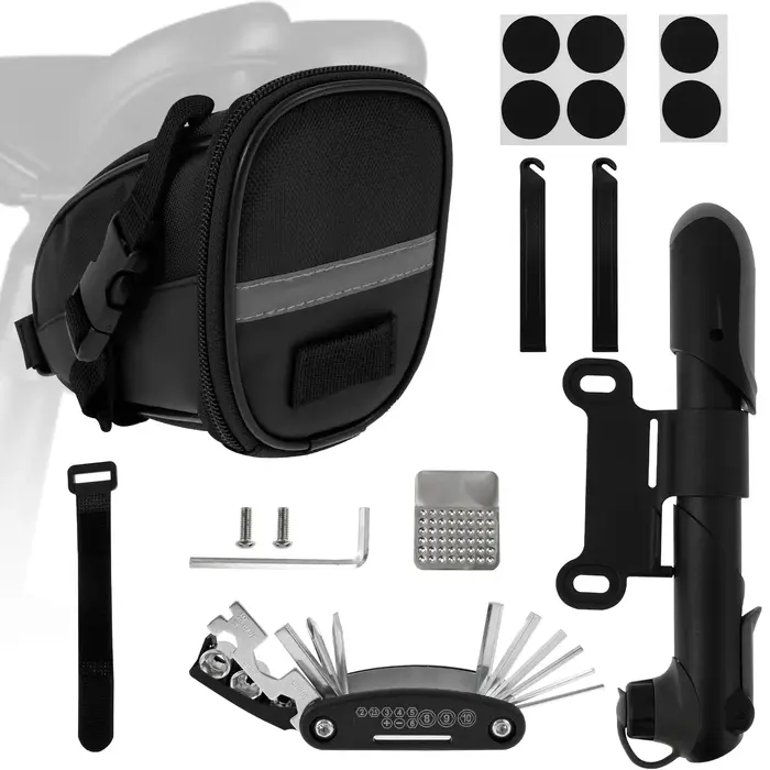 Kit d'outils de réparation de vélos avec pompe comprend divers outils