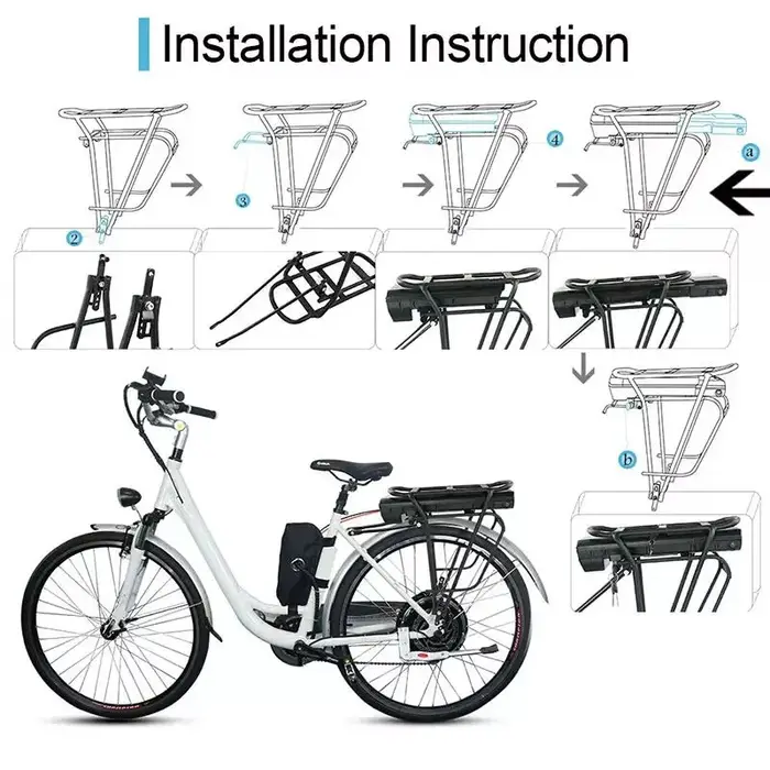 Batterie de vélo électrique pour porte-bagages arrière 36V 12Ah 10.4Ah 13Ah 14Ah