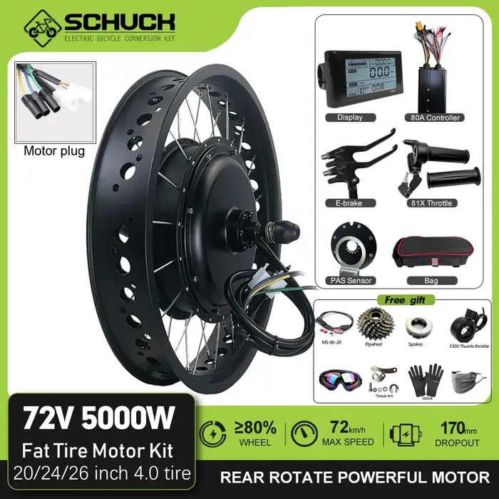 Kit de conversion pour vélo électrique 72V 5000W moteur moyeu sans balais sans engrenage pour pneu large 4.0 roues 20 24 26 pouces noir doré argent