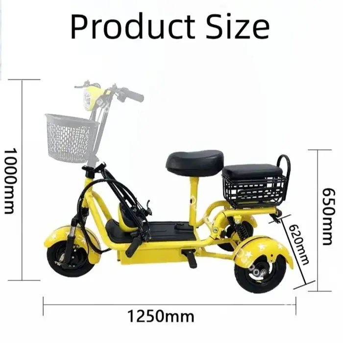 Trottinette électrique de banlieue jaune légère à 3 roues avec 2 sièges et paniers pour femme