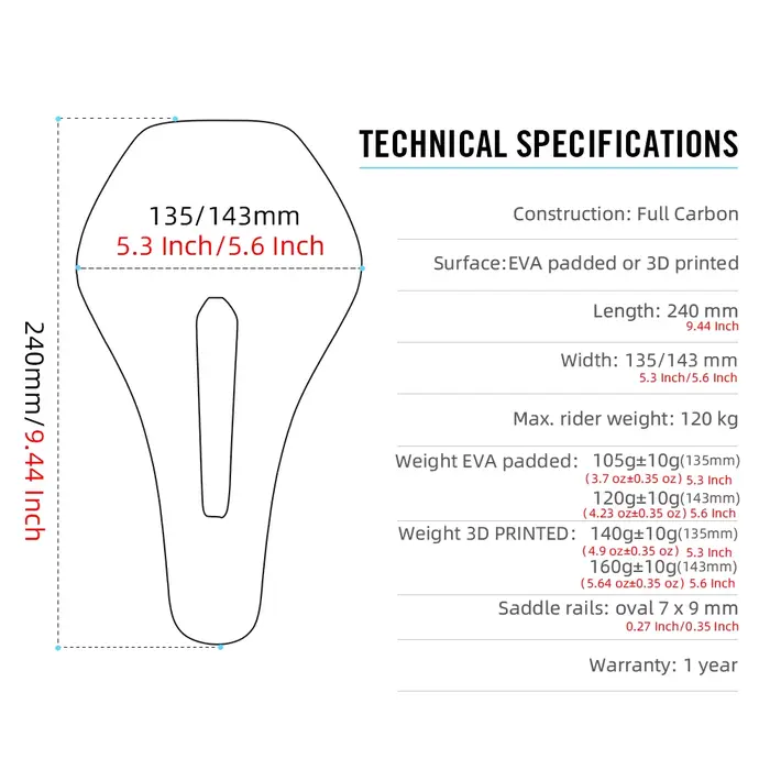 Selle de vélo en carbone 3D RYET X15 240*135/143mm