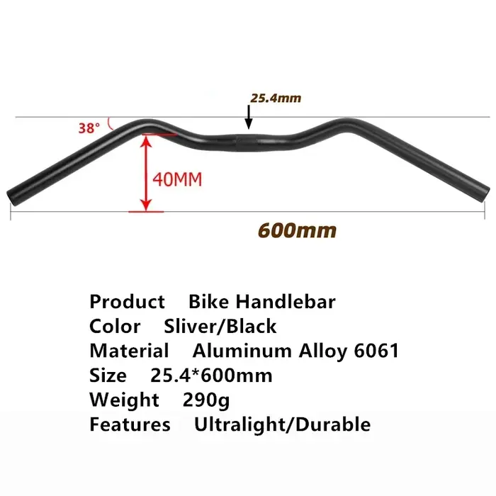 Guidon de vélo rétro en alliage d'aluminium 25.4mm x 600mm