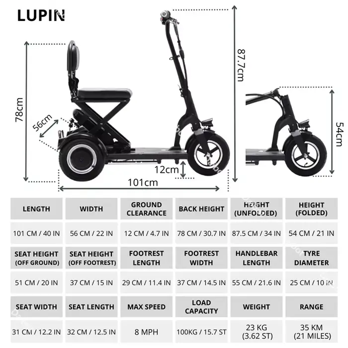 Trottinette de mobilité pliante légère à 3 roues pour personnes âgées avec dossier pliable/support de sac 300w Tricycle électrique voiture adultes