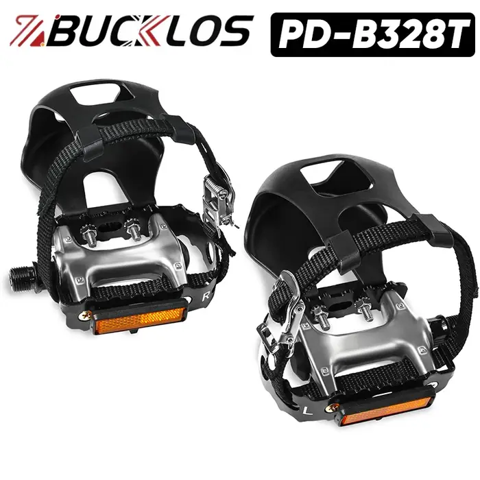 BUCKLOS PD-B328T pédale plate de vélo avec pince à orteil et sangle pédales antidérapantes en alliage d'aluminium