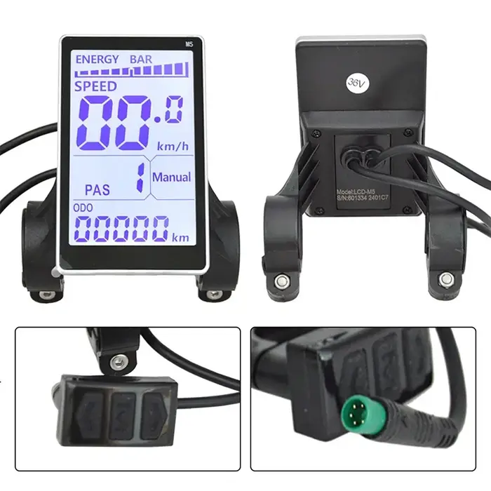 Ecran d'affichage LCD 5 broches pour vélo électrique noir avec compteur de vitesse et panneau de commande intelligent M5 pour gestion batterie et assistance